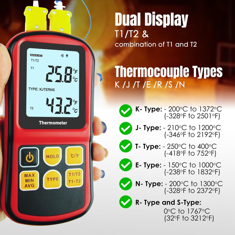 [Australia - AusPower] - Digital K Type Thermocouple Thermometer, Dual Channel Thermometer with Two K Type Thermocouples Probes LCD Display Temperature Tester for K/J/T/E/R/S/N Type(-238~3212°F) 