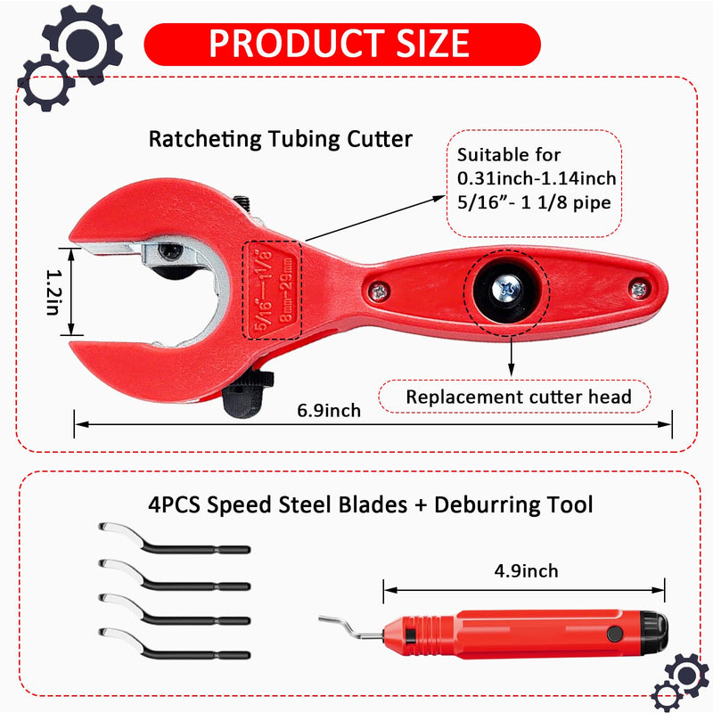 Ratcheting Tubing Cutter, Copper Pipe Cutter, Tubing Cutter 5/16" To 1 1/8", 2 in 1-360° Close Quarters Tube Compact Cutter with Deburring Tool for Cutting Copper and Metal Pipes(Red,1/4"–7/8")