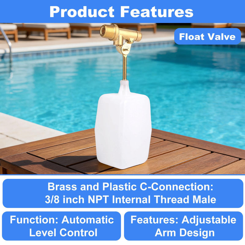 [Australia - AusPower] - 3/8" Water Float Valve, Automatic Water Level Control Valve with Adjustable Arm for Pools Fountains Tanks & Auto-Fill Systems 