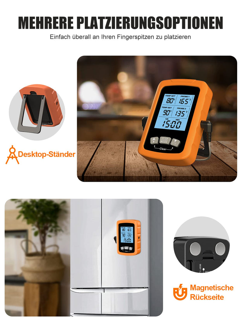 [Australia - AusPower] - CIRYCASE Digital Meat Thermometer, Quick and Precise Read Oven Thermometer with Two 16.3 cm Stainless Steel Probes, Grill Thermometer with Auto On/Off, Timer & LCD Screen, for Cooking, BBQ, Kitchen orange 