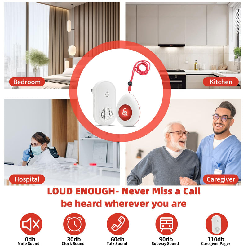 Wireless Caregiver Pager SOS Call Button for Elderly Monitoring 1000+ Feet Life Alert，Emergency Alert System Call Bell for Nurse Patient Disabled 1 Waterproof Transmitter & 1 Plugin Receiver
