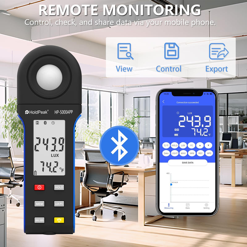 HoldPeak Illuminance Light Meter with Bluetooth, Digital Lux Foot Candles Meter 0.1~400,000 Lux with 270º Rotating Sensor, Lumen Meter Luxmeter for Plants, Car Headlights, Home & Office LEDs 5000APP-with APP Function