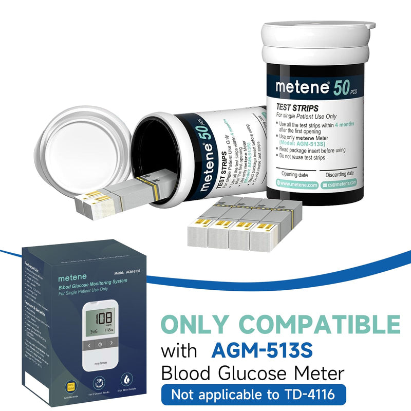 Metene AGM-513S Test Strips for Diabetes, 100 Count Blood Glucose Test Strips, Use with Metene AGM-513S Blood Glucose Monitoring System Only (No Monitor) 100 Count(Pack of 1)