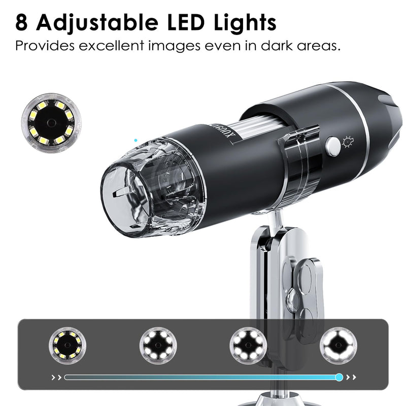 [Australia - AusPower] - USB Digital Microscope, SKYBASIC Handheld HD Inspection Camera with 50x to 1600x Magnification and Adjustable Stand, 8 LED Lights, Compatible with iOS and Android Devices Black 