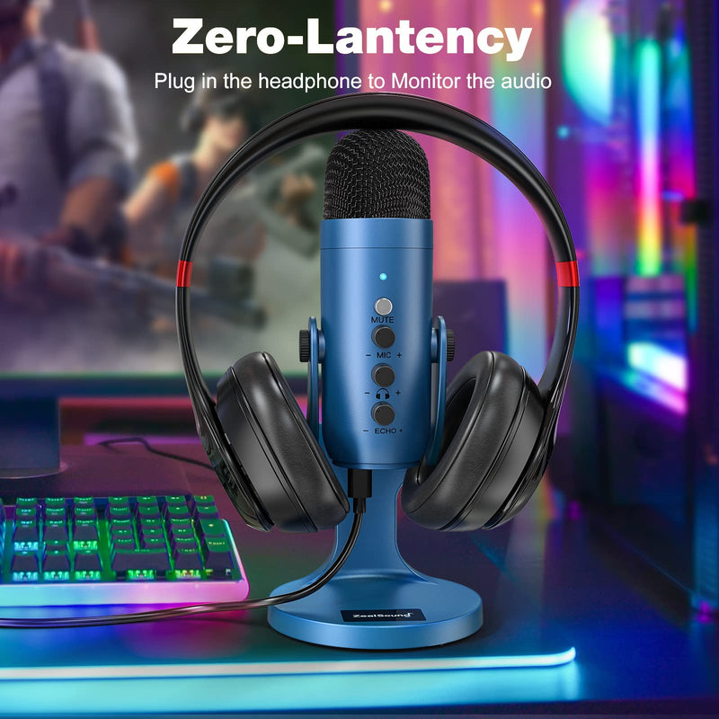 [Australia - AusPower] - ZealSound USB Microphone,Condenser Gaming Mic for Phone/Laptop/PC/PS4/5/Computer,Microphone with Gain Knob,LED Mute,Monitor Volume Adjustment,Stand Base for Streaming, Podcast, Studio Recording (Blue) Blue 
