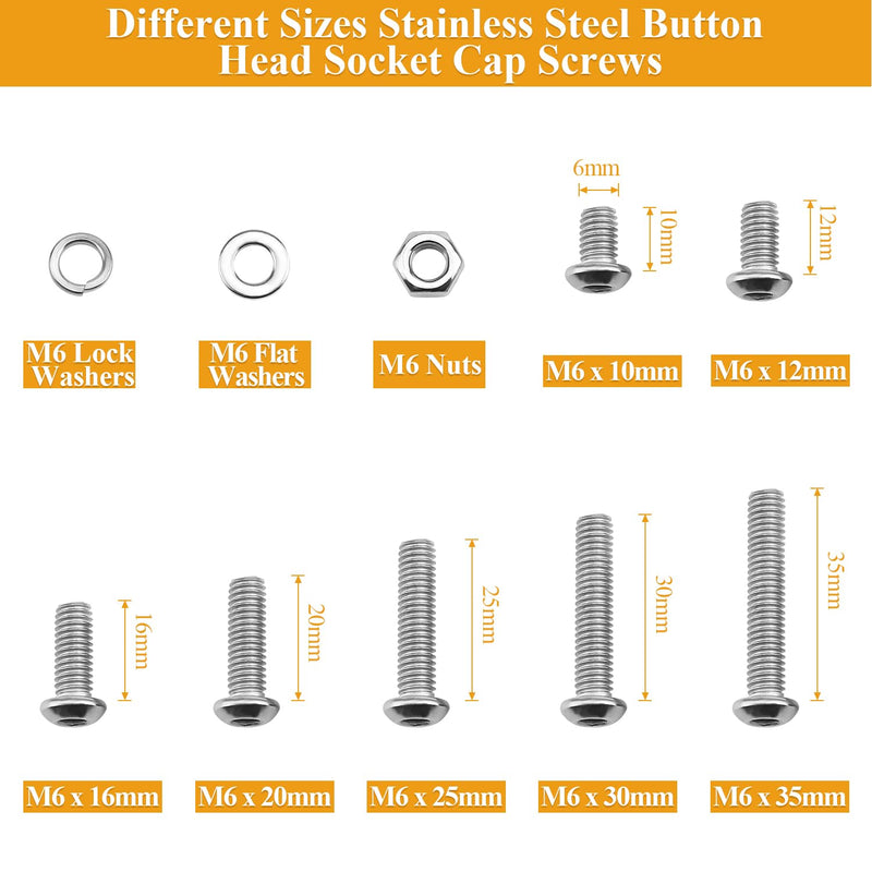 [Australia - AusPower] - 150 Pieces M6 Screws Nuts Washers Set, Sutemribor M6 x 10/12/16/20/25/30/35mm Button Head Socket Cap Screws Nuts Washers Assortment Kit, 304 Stainless Steel, Fully Threaded 