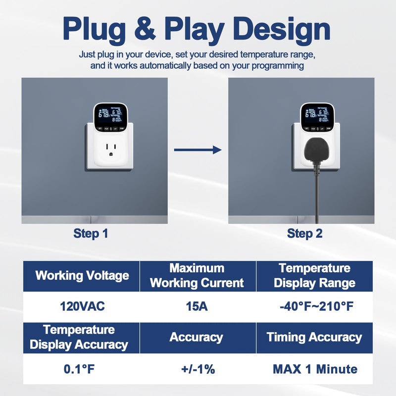 [Australia - AusPower] - Digital Temperature Controller Thermostat Outlet Plug, 120V 15A Heating and Cooling Control with Sensor,Thermostat Timer LCD Display, Ideal for Reptiles, Greenhouses, and Brewing 