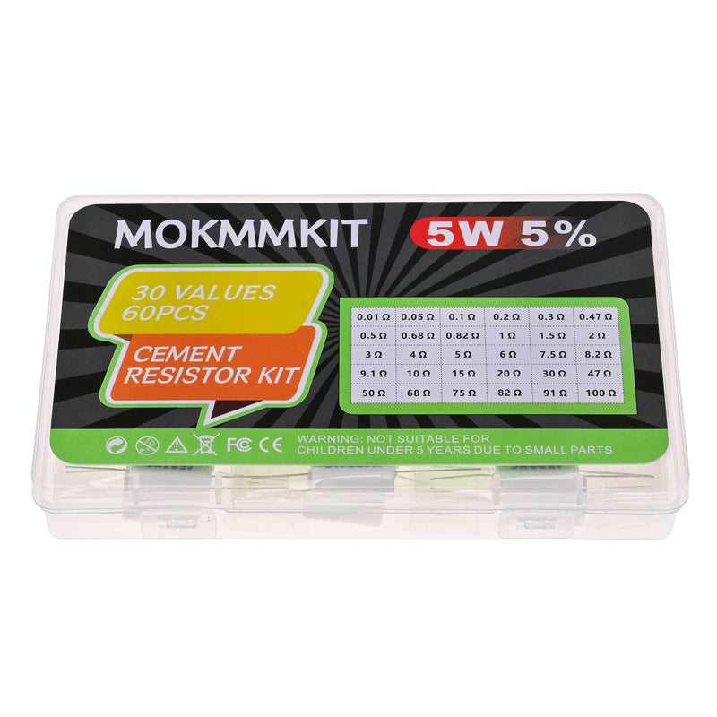 [Australia - AusPower] - 30 Values 60 Pieces Ceramic Cement Resistor KIT 5W Resistance 5 Watt ±5% Power Resistors (0.01 Ohm - 100 Ohm) 0.01Ω-100Ω 60 PCS 