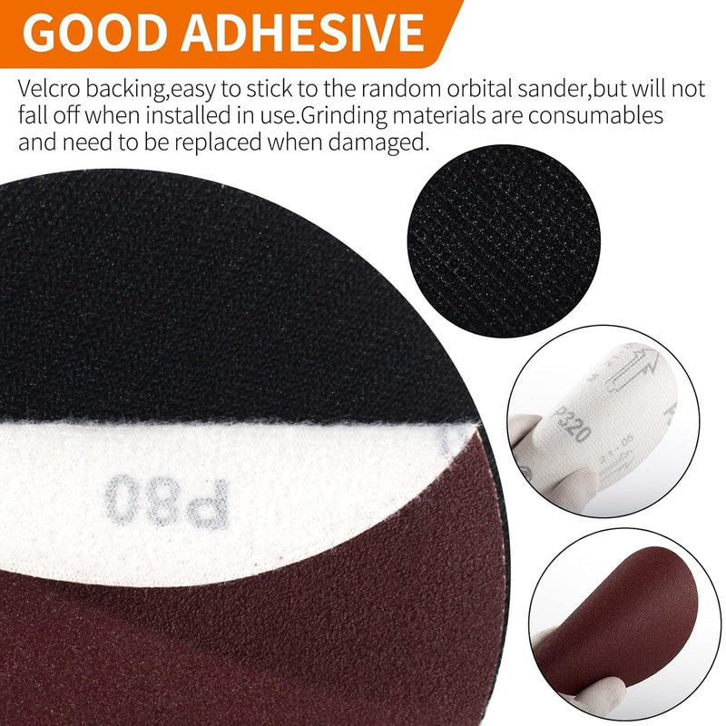 Pomsare Sanding Discs Set 125 mm for Angle Grinder - 80 Pieces Sandpaper with M14 Sanding Disc and Shaft - Angle Grinder Accessories for Wood and Metal - Improved Version