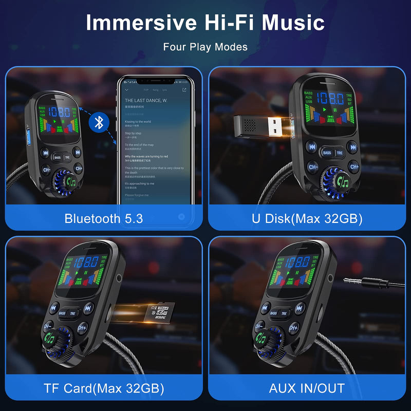 [Australia - AusPower] - Bluetooth 5.3 FM Transmitter for Car- SOARUN Bluetooth Car Adapter PD30W & USB Port Fast Charge - HiFi Treble & Bass Player - 1.6" Display Hands-Free Calling - Car Radio with AUX Input/Output, TF Card PD30W+QC18W Ferrous 