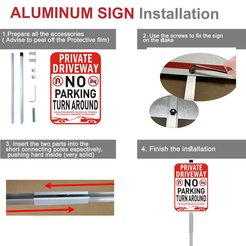 2Pack Private Driveway No Turn Around Sign, 14” x10” No Parking Signs with 36” Alloy Stake, Fade Resistant Reflective Aluminum,Waterproof, Easy to Mount 2Pack with Alloy Stake