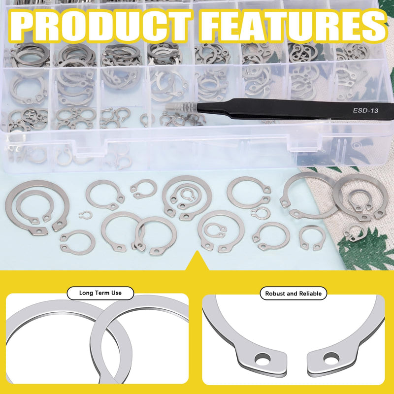 [Australia - AusPower] - 211Pcs 21 Sizes M4-M28 External Retaining Rings Assortment Kit, Stainless Steel Circlip Retainer Rings, Circlip Snap Retaining C-Clips with Tweezer for Axles, Shafts and Other Moving Parts Silver 