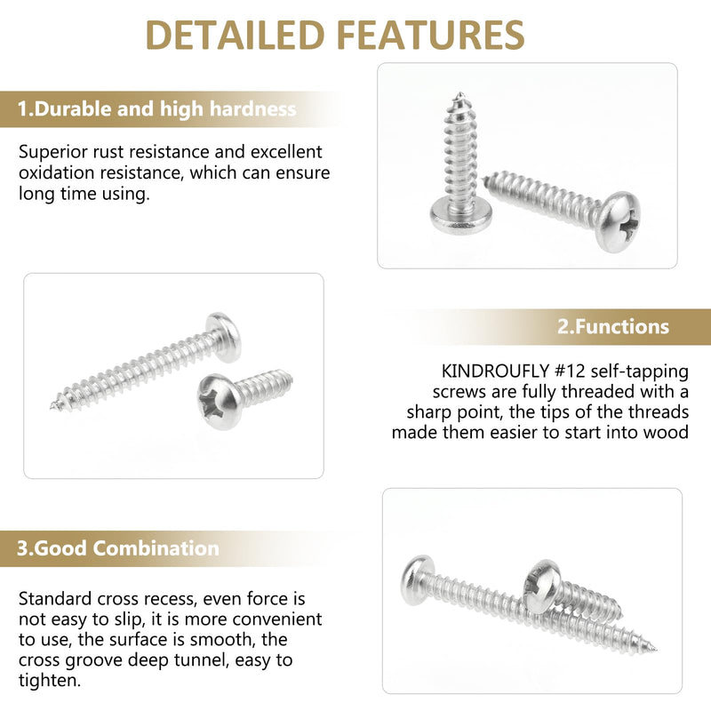 [Australia - AusPower] - 52 Pieces #12 x 3/4" 1" 1-1/4" 1-1/2" 2" Phillips Pan Head Self-Tapping Screws, Wood Screws Assortment Kit, 304 Stainless Steel 