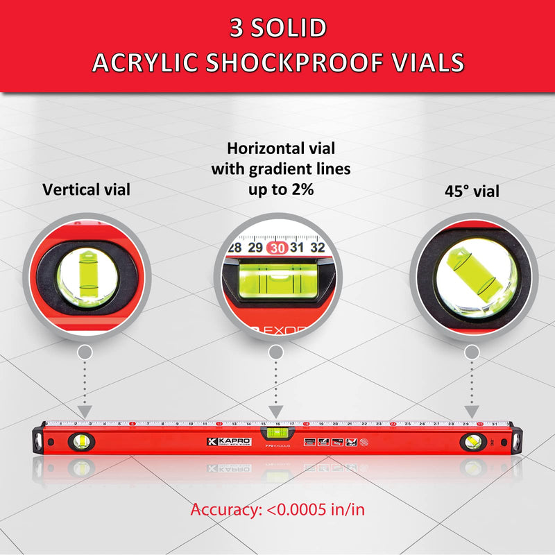 [Australia - AusPower] - Kapro - 770 Exodus Professional Box Level - With 45° Vial & Ruler - For Leveling, Measuring, Marking, and Cutting - Features 3 Vials, Precise Straightedge, and Wall-Grip - 24 + 32 Inch Set Bundle 