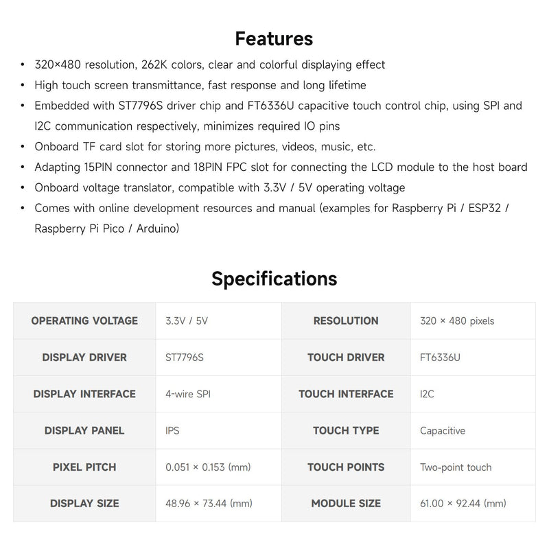 Waveshare 3.5 inch Capacitive Touch Display Module, Compatible with Raspberry Pi 5/4B/3B/Zero/Zero W/Zero 2W/Pico/Pico W/Pico WH// ESP32/Arduino, 320 × 480 Resolution, IPS Display