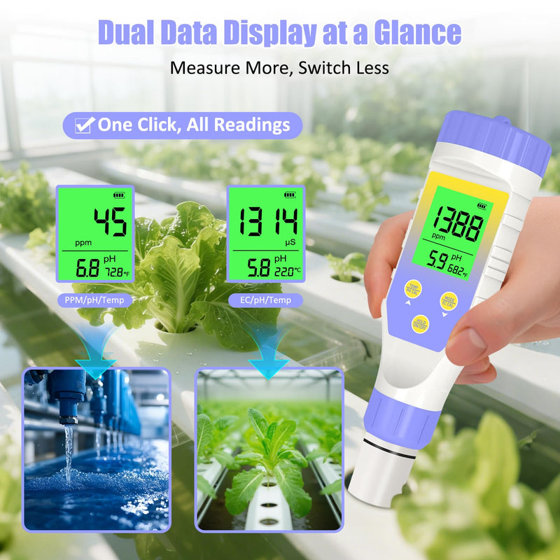 [Australia - AusPower] - pH Meter for Water Hydroponics, 5-in-1 pH TDS EC Salt Tester for Water Nutrient Solution, Simultaneous Display of pH EC Temp for DWC Reservoir Tank, Aeroponic Garden, Growing System Purple 