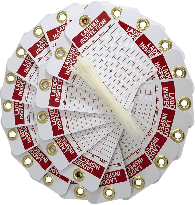 NMC Ladder Inspection Tag, Double-Sided, 25-Pack, 3" Width x 6" Height, Unrippable Vinyl, White/Red Text on Red/White Base, Made in The USA, RPT168G