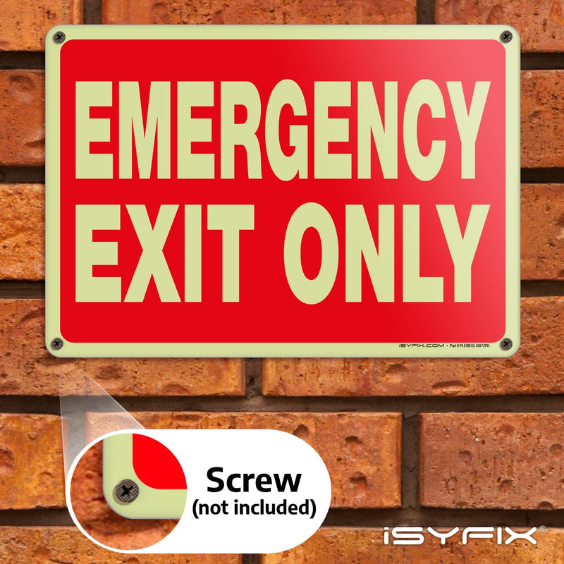 iSYFIX Emergency Exit Only Glow in the Dark Sign – 6 Pack 10x7 Inch – 40 mil Thick Polystyrene Plastic Sign, Laminated UV, Scratch & Fade Resistance, Waterproof, Indoor & Outdoor 6 Pk 10x7 Plastic Glow