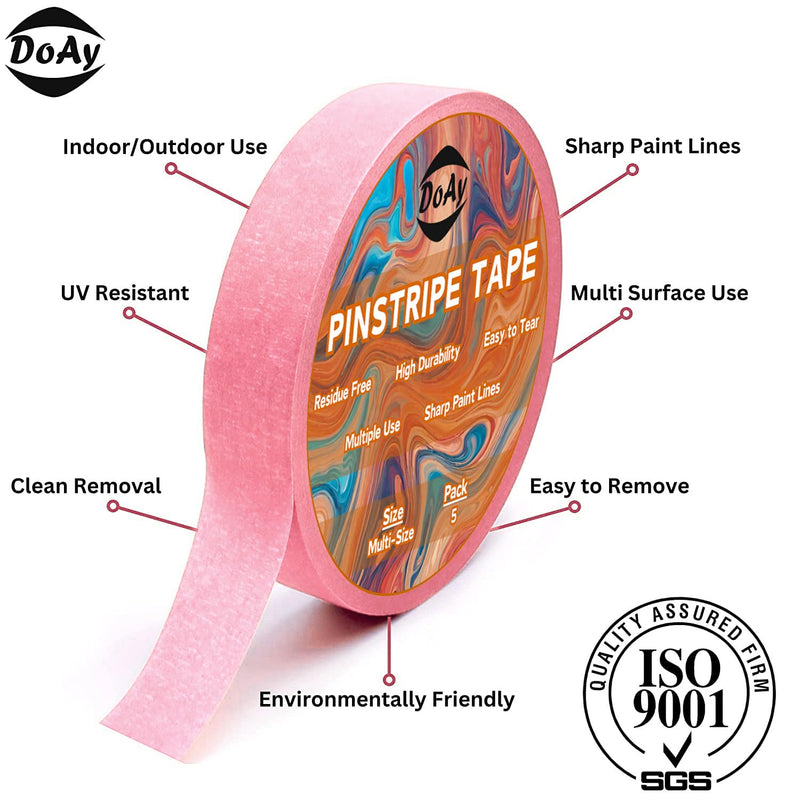 5 Rolls Pinstripe Tape - Masking Tape 1/16", 1/8", 1/4", 1/2", 3/4" - Thin Painters Masking Automotive Tape for DIY, Car, Auto, Paint, Art, Tumblers (Pink) Pink
