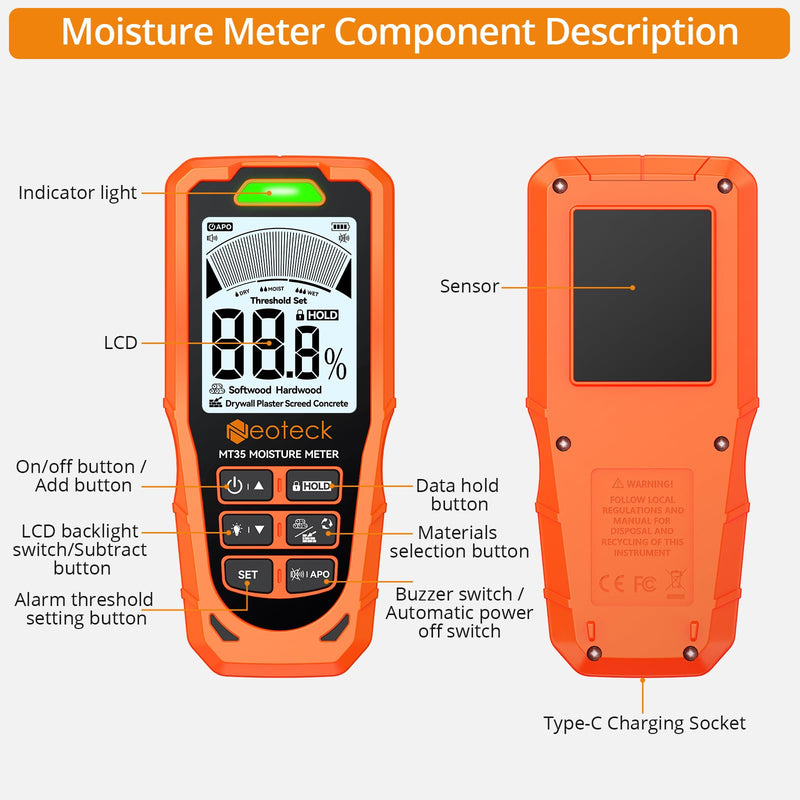 Neoteck 6 in 1 Pinless Moisture Meter 19mm Digital Moisture Detector ±2% Accuracy Wood Moisture Reader with Audible &Visual Alarm and 2.9inch LCD Display for Wood Wall Concrete Drywall Plaster Screed