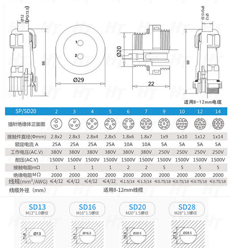 [Australia - AusPower] - HangTon SD20 10Amp 6 Pin Threaded Plastic Connector Male Waterproof IP68 Electrical Right Angle Cable Plug Panel Mount Chassis Socket 