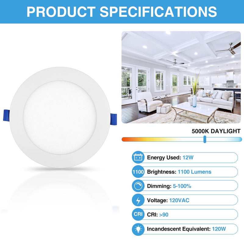 [Australia - AusPower] - ECOELER 6 Inch Slim Recessed Lighting with Junction Box, Dimmable Recessed Can Lights, 5000K Daylight, 12W 1100Lm Dimmable LED Downlight, ETL & Energy Star 1 - Pack 