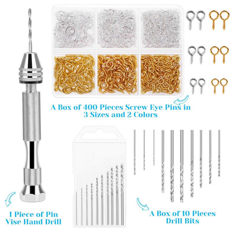 [Australia - AusPower] - Pin Vise for Resin Casting Molds, Shynek Hand Drill for Jewelry Making Resin Tools includes 1Pcs Push Hand Drill 10Pcs Drill Bits 480Pcs Eye Screws for DIY Keychain (Gold+Silver) Gold+silver 
