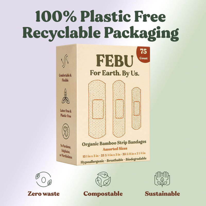 [Australia - AusPower] - FEBU Eco-Friendly Organic Bamboo Fabric Bandages for Sensitive Skin | PFAS Free Flexible Latex Free Bandages | Natural Hypoallergenic Bandages for Scrapes, Cuts & First Aid | 75 Count Variety Pack Strip Bandages Variety 