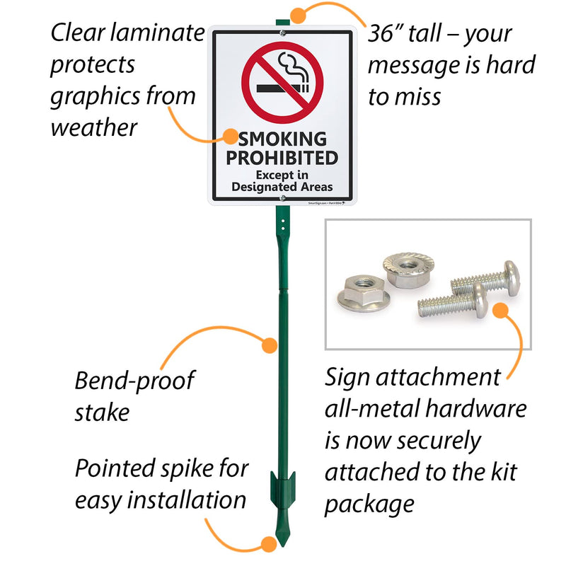 SmartSign 12 x 10 inch “Smoking Prohibited Except In Designated Areas” Yard Sign with 3 foot Stake, 40 mil Laminated Rustproof Aluminum, Red, Black and White, Set of 1