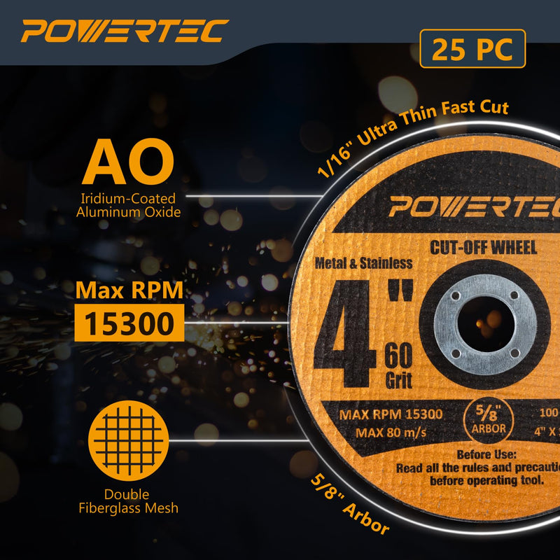 [Australia - AusPower] - POWERTEC 4" Cut Off Wheels 25 Pack, 1/16" Thick with 5/8" Arbor, Metal & Stainless Steel Cutting Wheel for Angle Grinder, Iridium-Coated Aluminum Oxide 60 Grit (14018) 4" Cut Off Wheels 1/16" Thick, 5/8" Arbor 