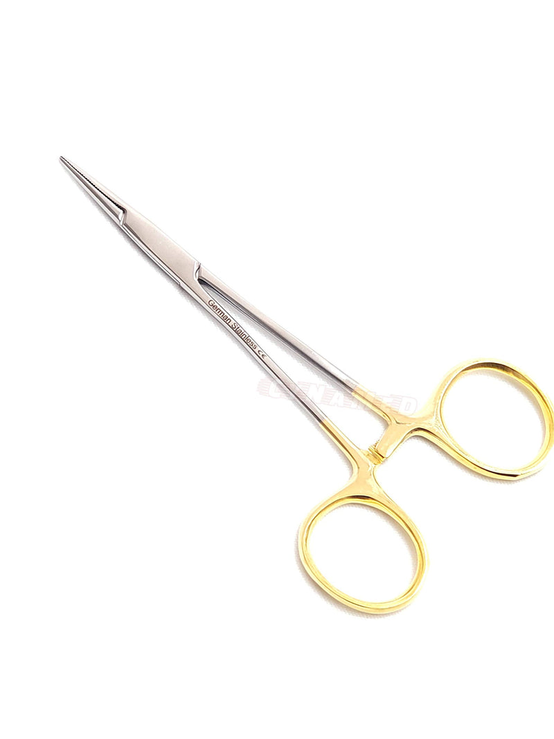 [Australia - AusPower] - Premium German Stainless- Set of 2 PCS Gold Handle Mosquito Locking HEMOSTAT Forceps Straight + Curved 5"-Cynamed 