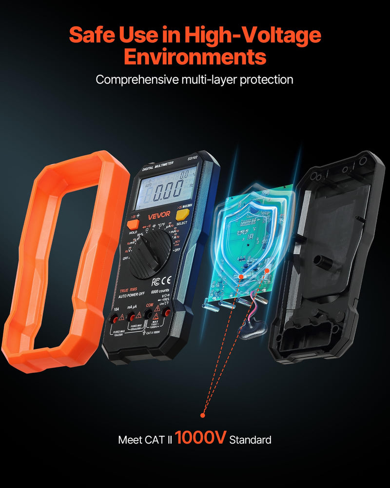 [Australia - AusPower] - VEVOR Digital Multimeter, 6000-Count TRMS DC/AC Voltmeter Current Tester, Professional NCV Multimeter for Current Voltage Resistance Capacitance Duty-Cycle Tempetature Diodes Continuity Live Wire Test 