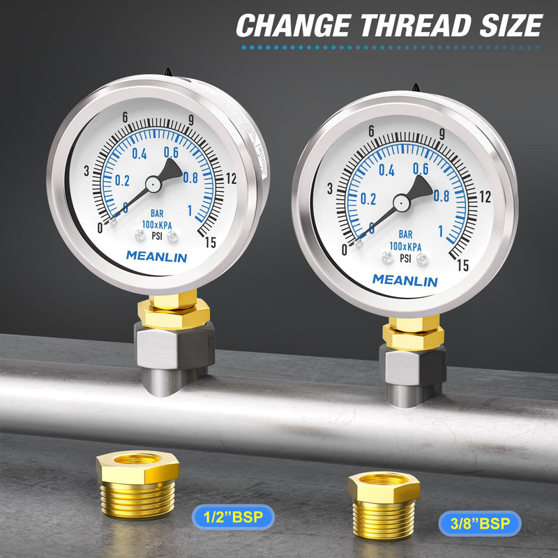 [Australia - AusPower] - MEANLIN MEASURE 0~1BAR/0~15PSI Dry Pressure Gauge Stainless Steel 1/4 Inch BSP 2 Inch Face Dial Waterproof for Fountain Pump Water Tyre Water Pressure Tester Bottom Bracket with 1/2 Inch BSP and 3/8 Mounted on the bottom 