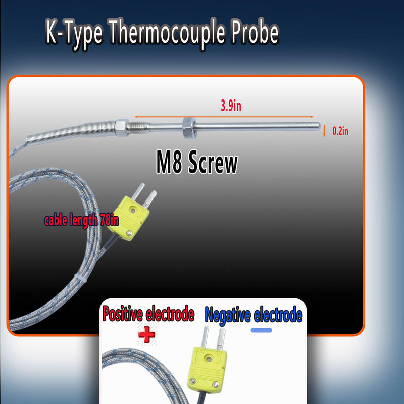 [Australia - AusPower] - 2 Packs tce-k05h5-100 K-Type thermocouple Probe M8 Screw Temperature Range 77°F to 1472°F 