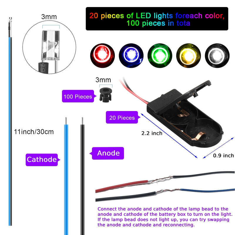 [Australia - AusPower] - Riakrum 220 Pcs 12V LED Lights Kit, 100 Pcs Emitting Diodes Pre Wired LED Lights Diodes Individual LED Lights with 100 Pcs Plastic LED Holders 20 Pcs Battery Holders (Multicolored,3 mm) 3 mm Multicolored 