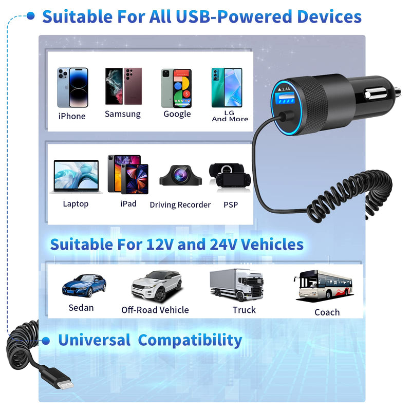 [Australia - AusPower] - 【MFi Certified】iPhone Fast Car Charger, Caiinei 4.8A Dual USB Power Car Charger Fast Charging Cigarette Lighter Adapter+6FT Coiled Lightning Cable for iPhone 14 13 12 11 Pro/XS Max/Mini/XR/X/8/SE/iPad Ceramic Black 
