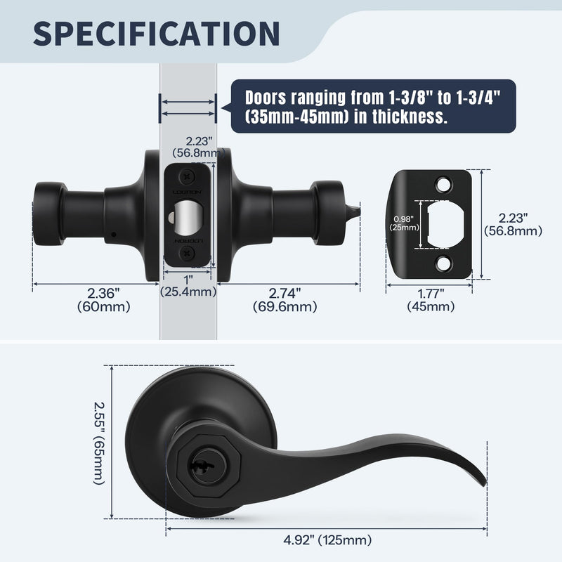Wave Style Door Lever Keyed Entry Door Handle with Lock, Entrance Lever Reversible for Left/Right Handed for Office or Front Door with Matte Black, 1 Pack