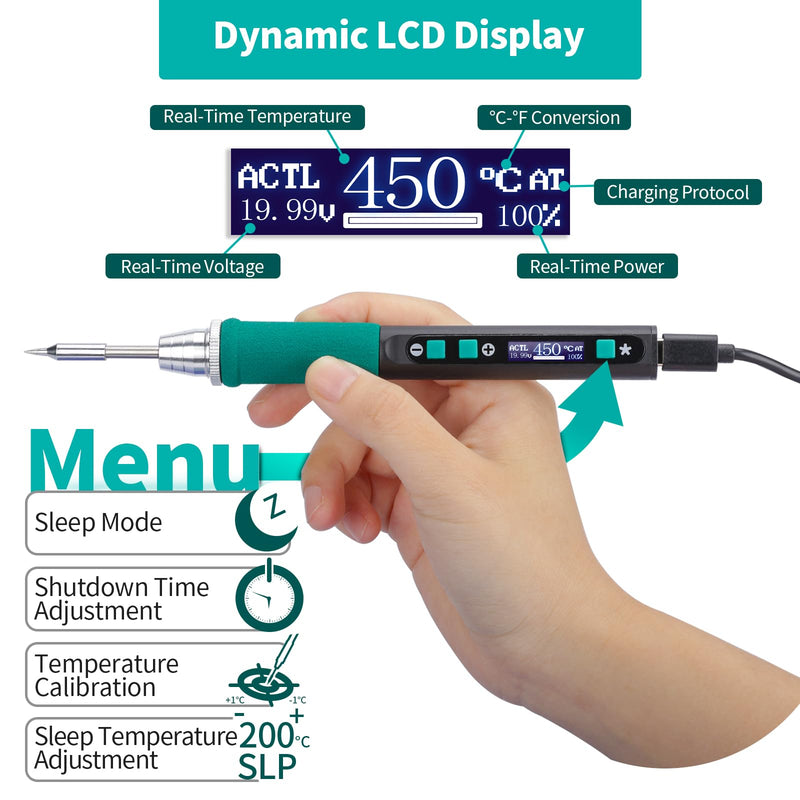 YIHUA 928D-IV Soldering Iron Set with Type-C Port, Quick Heating with C235 Cartridge, Temperature Adjustable from 90 ~ 450 °C, PD/QC/Adaptive Protocols, LCD Display and Multifunctional Cover 5-in-1 kit