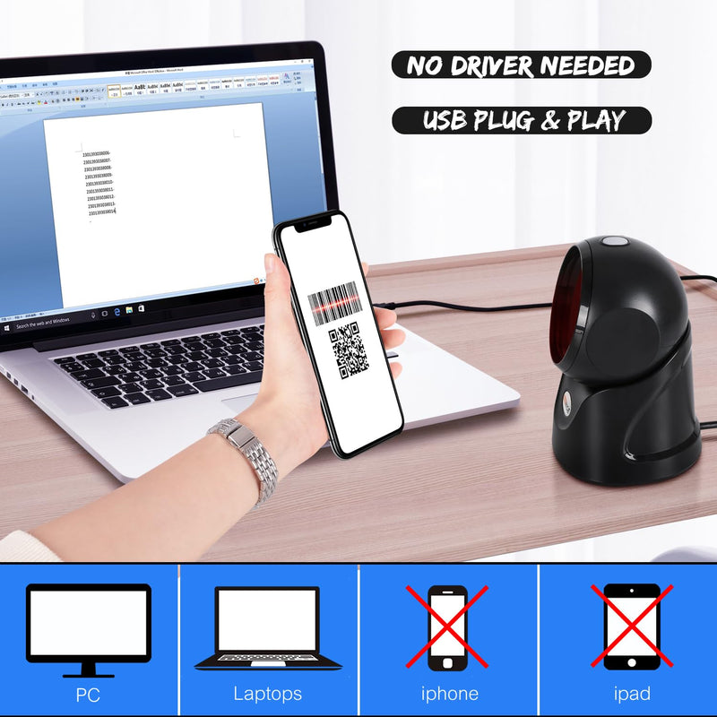 [Australia - AusPower] - WoneNice Automatic Omnidirectional Barcode Scanner, Desktop 1D 2D QR Code Scanner, Hands-Free USB Wired Image Reader for Warehouse Retail Supermarket Books & Inventory 