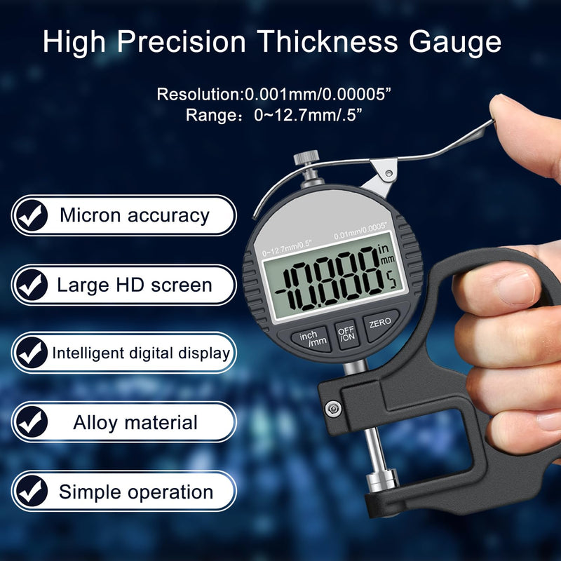 [Australia - AusPower] - Digital Thickness Gauge 0-12.7mm/0.5" | 0.01mm/0.0005", Thickness Meter Precise Electronic Micrometer with LCD Display, Suitable for Paper/Film/Leather/Wire Thickness Gauge-Black 