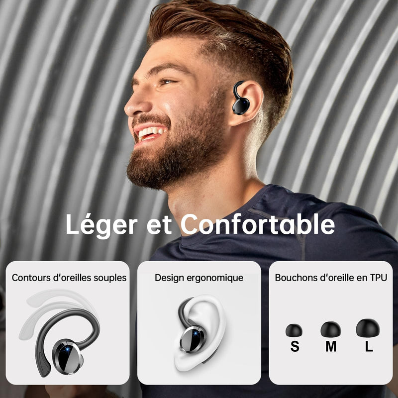 [Australia - AusPower] - Wireless Earbuds Bluetooth Headphone Sport, 2024 Bluetooth 5.3 Earbud 14.2mm Driver Stereo Over Ear Buds, 48Hrs Earphone with Earhook, Noise Cancelling Mic, IP7 Waterproof Headset for Workout/Running 800 mAh Black 