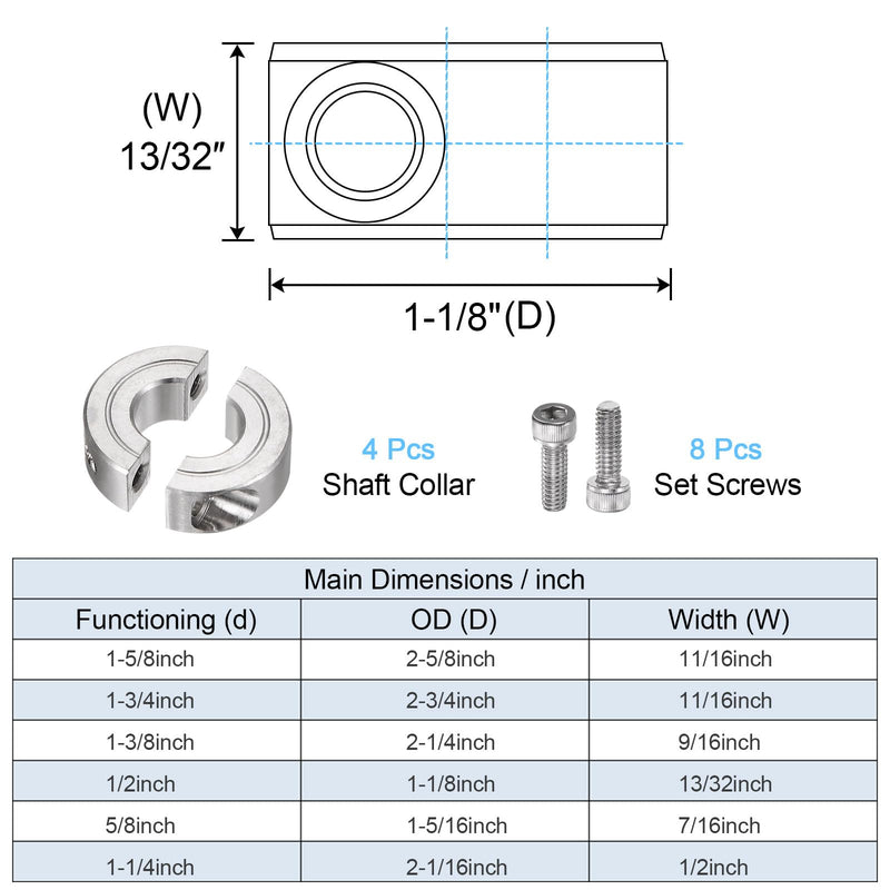 [Australia - AusPower] - HARFINGTON 4pcs Shaft Collar for 1/2" Rod 1-1/8" OD 13/32" Width 304 Stainless Steel Double Split Axle Clamp-On Collar with Set Screw 1/2" Bore 