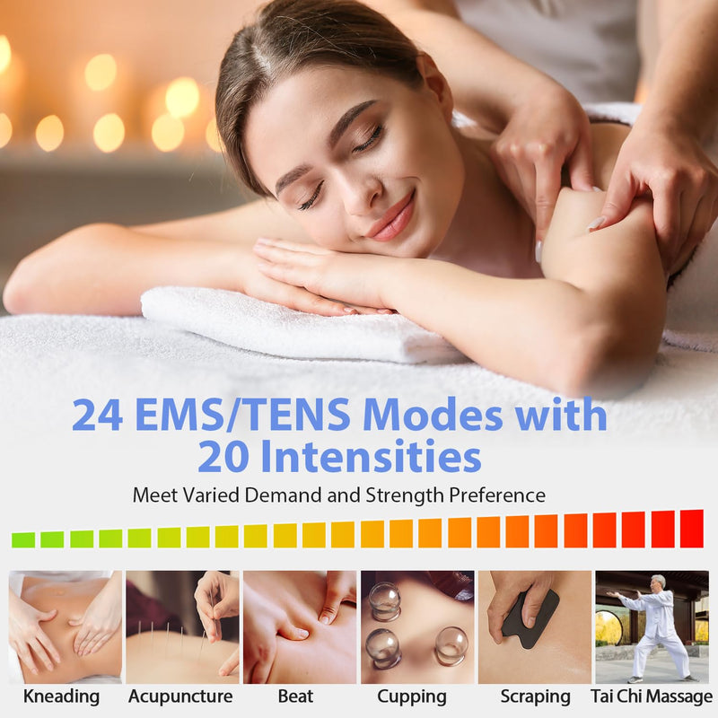 24 Modes Tens Unit Muscle Stimulator, Rechargeable Tens Machine with 8 Electrode Pads (American Gel), Electric Pulse Massager for Pain Relief Therapy（Blue） B-blue