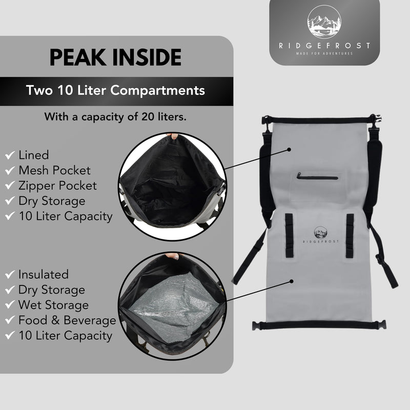 Ridgefrost 20L Dry Bag | Waterproof w/2 Compartments | Dry Bag for Beach & More | Lightweight Roll-Top & Roll-Bottom backpack Light Grey