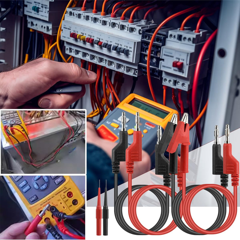 BUYGOO Set of 6 Multimeter Test Leads, 4 mm Crocodile Clips, Banana Plugs, 0.7 mm Measuring Tips, Test Probes for Digital Multimeter, Electrical Test, 1 m Test Lead, Red & Black