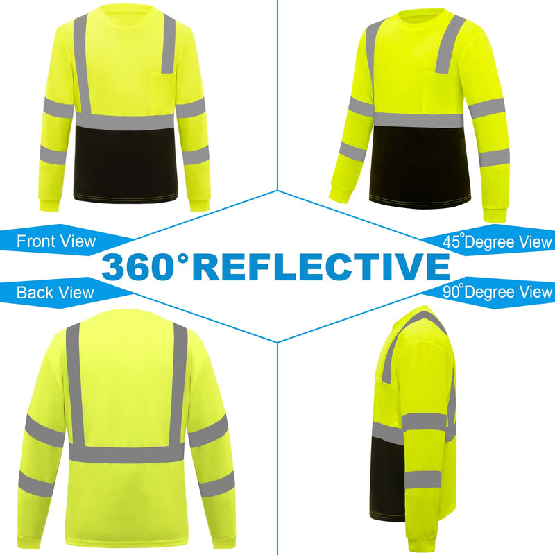 Hi Vis Safety T Shirt Class 3 Reflective Black Bottom Long Sleeve High Visibility Shirts 3pcs Yellow Black Medium