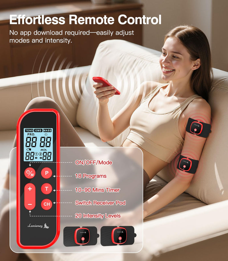 [Australia - AusPower] - Wireless TENS Unit Muscle Stimulator, 2 Packs Rechargeable TENS Machine with Remote Control, Dual Channel Portable Combo Electrotherapy Device (Model: M101A-UK1) for Neck, Back, Shoulder 