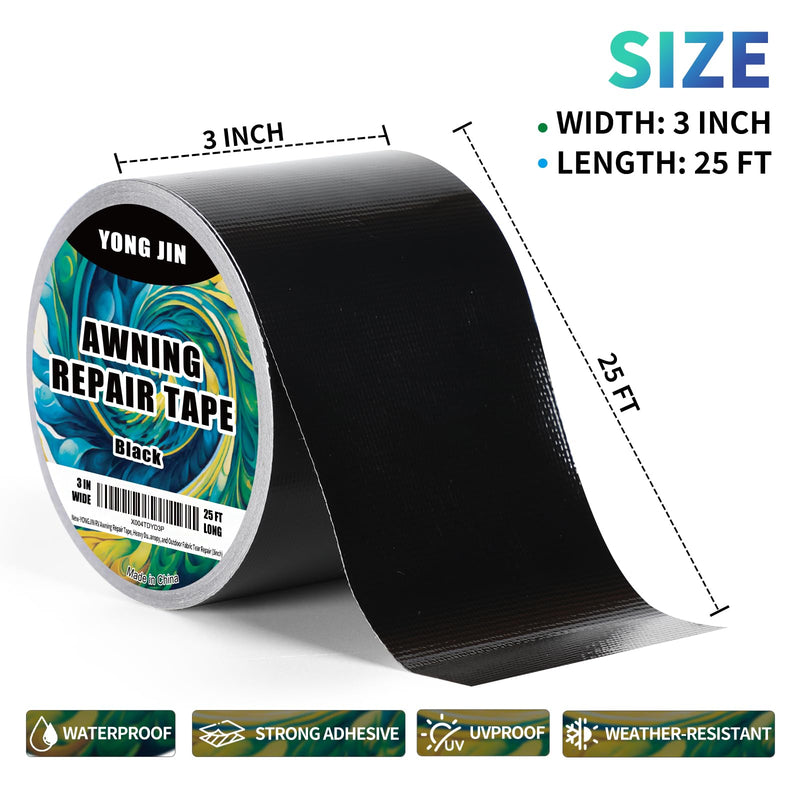 YONGJIN RV Awning Repair Tape, Heavy Duty Outdoor Tent Repair Tape and Tarp Tape, Waterproof Tarp Patch Kit for Camper, Boat Covers, Canvas, Sail, Canopy, and Outdoor Fabric Tear Repair (3 inch) 3 inch