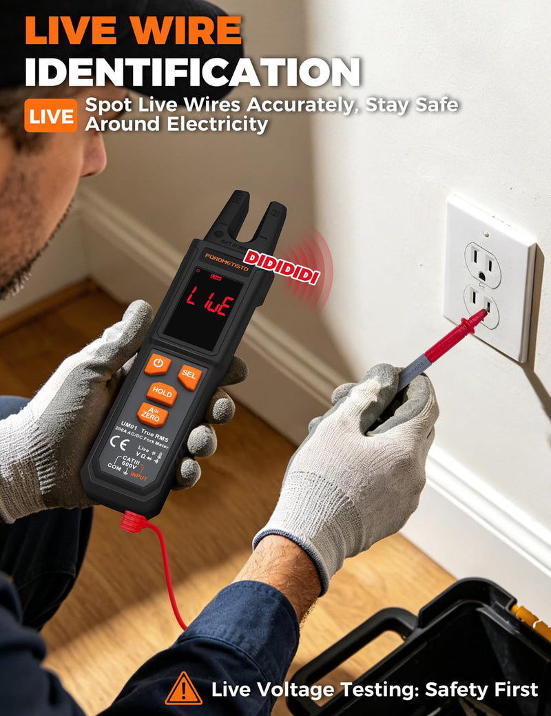 UM01 True RMS AC/DC Digital Current Clamp | U-shaped clamping jaw, AUTO detection, NCV, live phase detection – clamp multimeter & ammeter clamp in one.