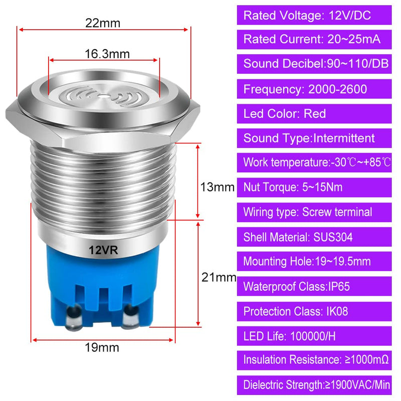 [Australia - AusPower] - 2pcs AC/DC 12V 19mm Waterproof IP65 Stainless Steel Red LED Flash Alarm 90dB Indicator Light with Lamp Buzzer, for Electrical Control Panel, DIY Project red LED 19mm-12v 
